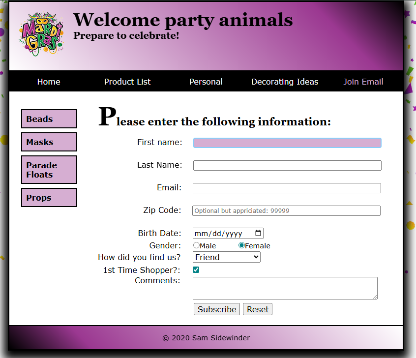 Screenshot of HTML subscribe form user interface
