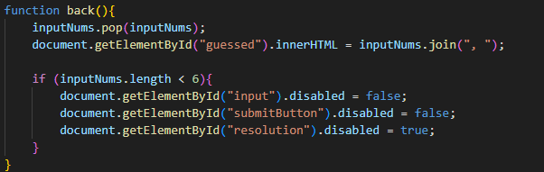 Code snippet of JavaScript lottery game