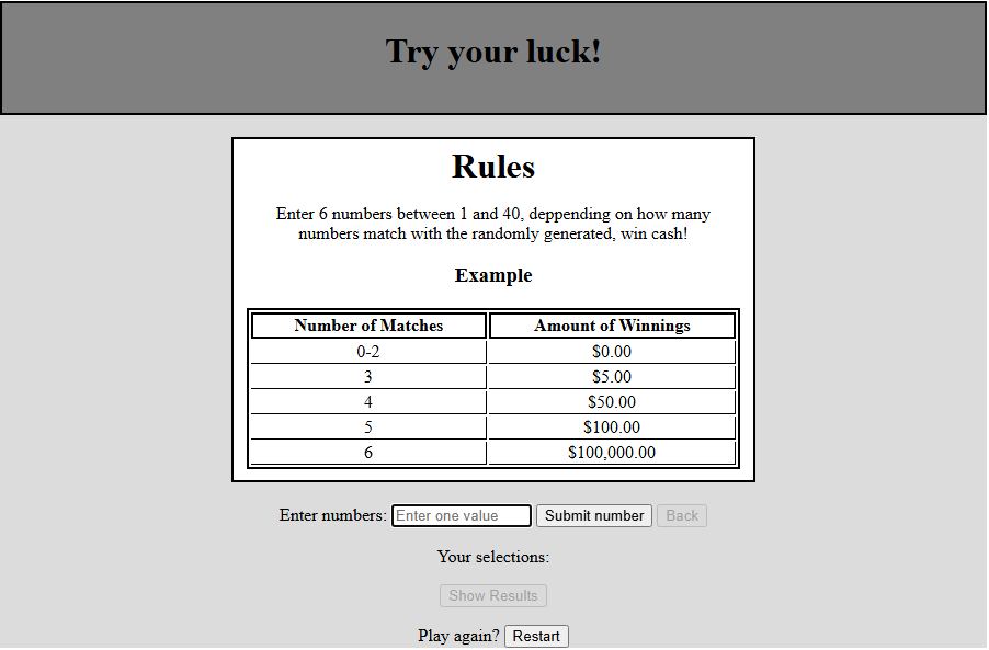 Screenshot of Javascript lottery game user interface