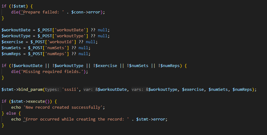 Code snippet of JavaScrip / PHP workout tracker