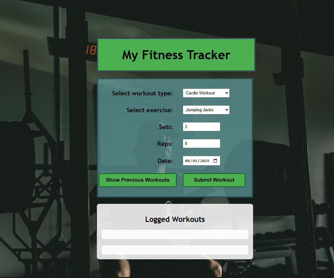 Screenshot of Javascript / PHP workout tracker user interface