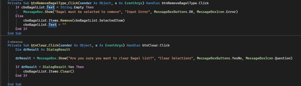 Code snippet of VB.NET Bagel Selector