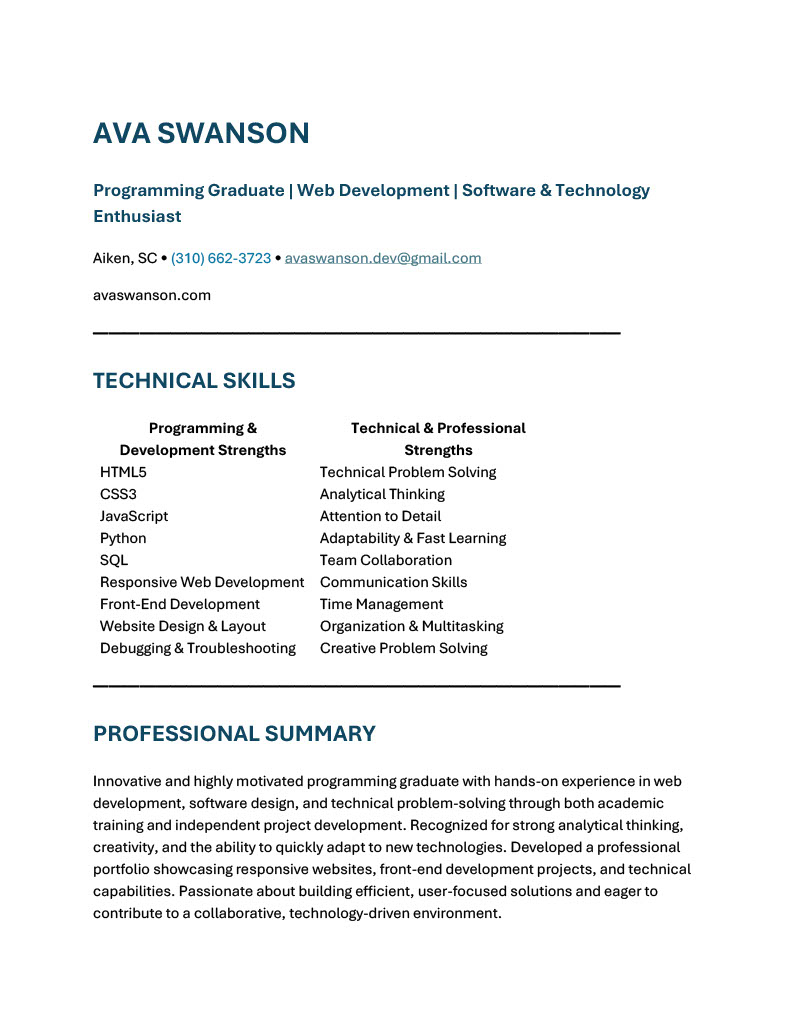 Ava Swanson's résumé