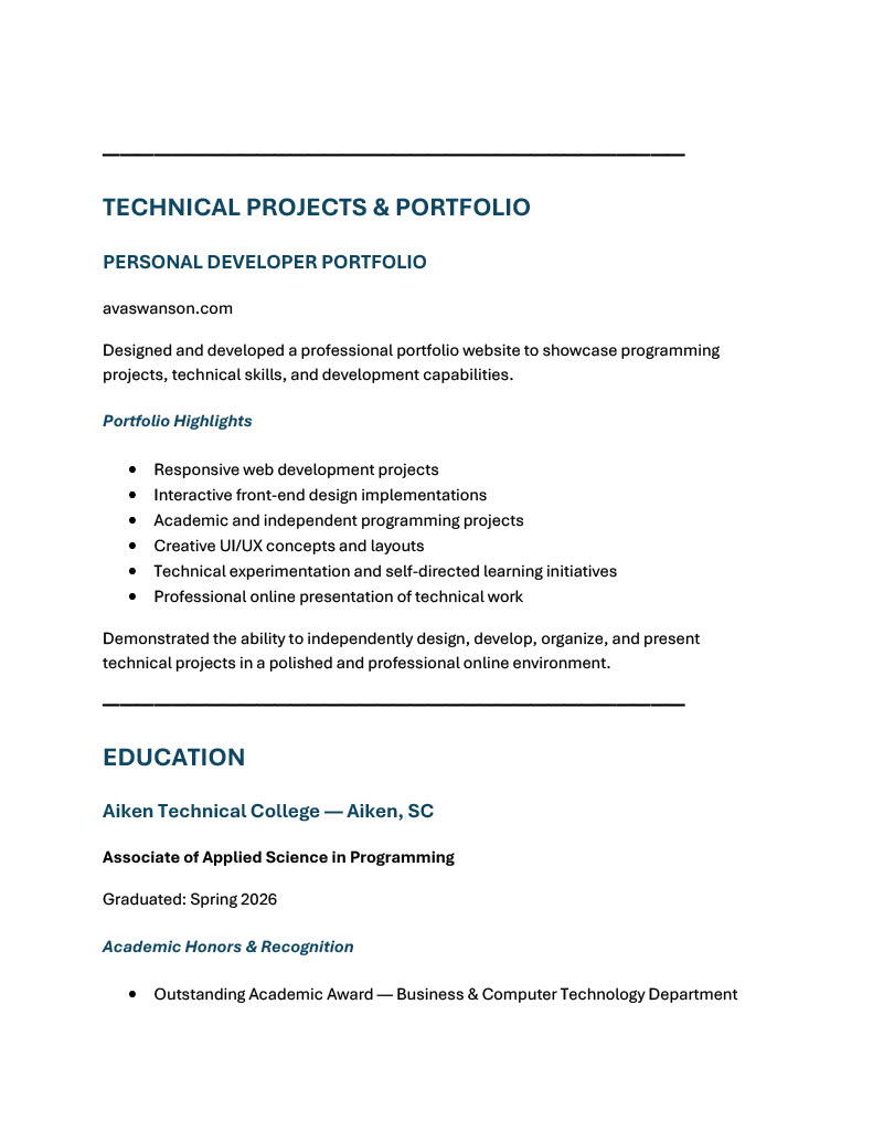 Ava Swanson's résumé